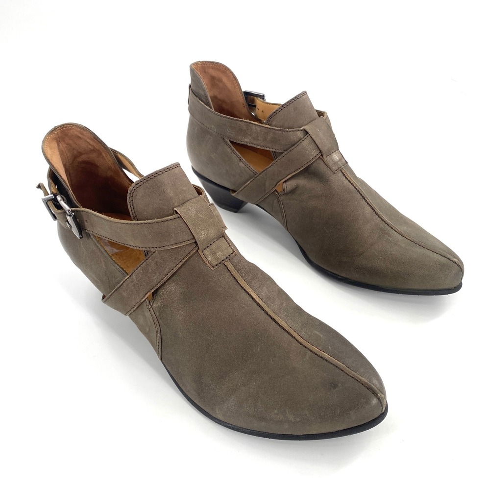 Fidji Leather Cutout Ankle Boots Buckle Straps Womens Sz‎ 40 EU Gray Taupe